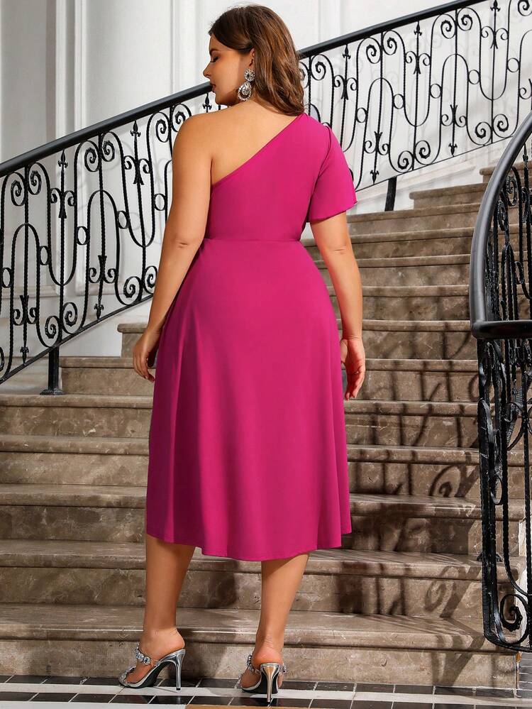 Plus Size Solid Color Asymmetrical Hem Gathered Waist Dress