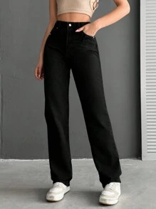 EURMUSE Jeans Rectos De Color Sólido Para Mujeres - Negro - Ver 3