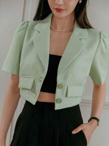 DAZY Solid Color Short Sleeve Turn Down Collar Textured Fabric Cropped Women's Blazer Jacket Business Attire - Green - View 4