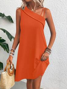 Breezaya Vestido Sólido Sin Mangas Con Escote Asimétrico - Naranja - Ver 6