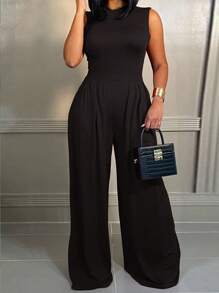 Slaydiva 休闲优雅无袖阔腿黑色连体裤