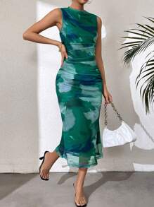 Chiquease 女式渲染印花網紗連衣裙 - 綠色 - 查看 1