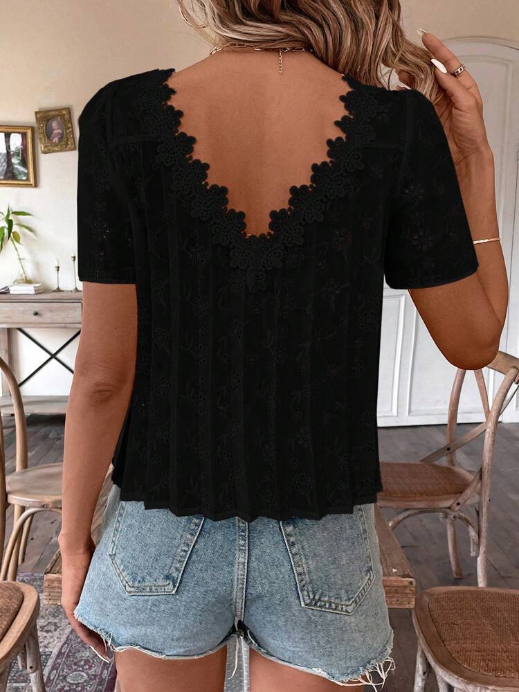 Cottagecore Pleated Eyelet Embroidery Blouse With Back Lace Panel Summer Black Casual
