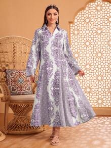 Al Najma 女式佩斯利印花喇叭袖阿拉伯连衣裙，端庄 - 紫色 - 查看 5