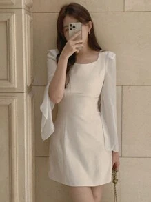 DAZY 女士短款优雅返校节礼服秋季优雅返校服长袖连衣裙 - 杏色 - 查看 6