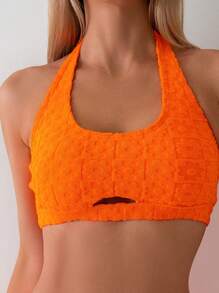 SHEIN Swim Ensemble de bikini séparé en jacquard de couleur unie pour femme, ajouré, col licou, plage d'été