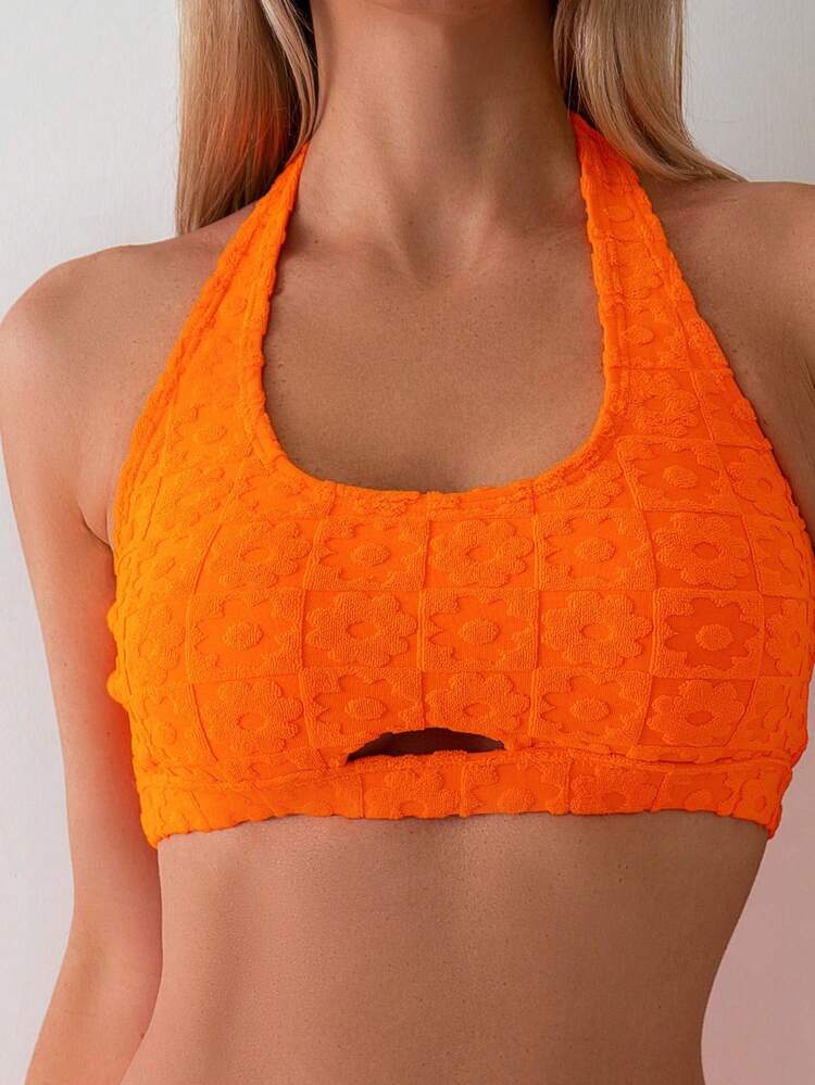 Ladies' Solid Color Jacquard Hollow Out Halter Neck Separated Bikini Set Summer Beach