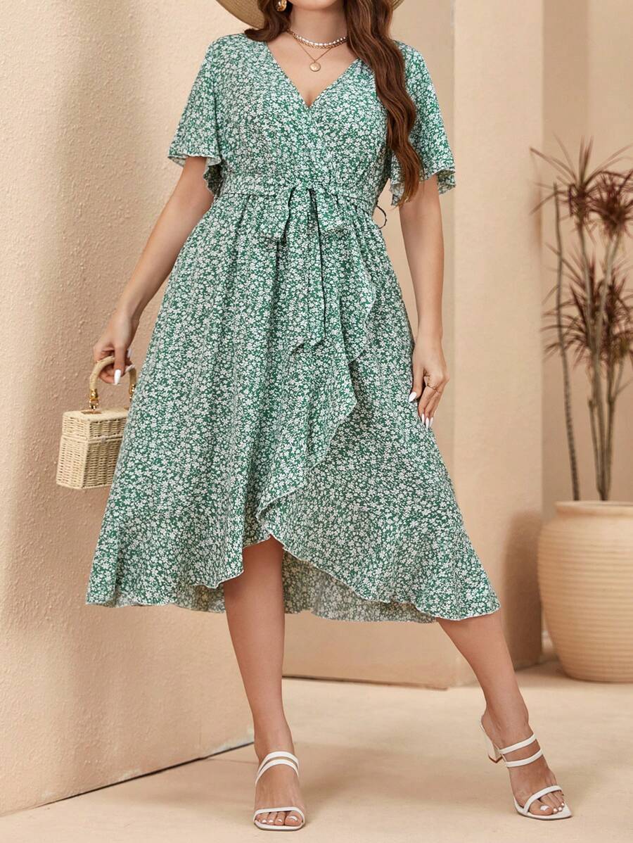 Calvaya 大码碎花 V 领荷叶边袖连衣裙，女式夏季服装 - 綠色 - 查看 1