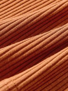 Cozy Pixies Baby Girl Solid Color Knitted Soft Round Neckline Short Sleeve Dress Set With Cinched Waist - Brown - View 4