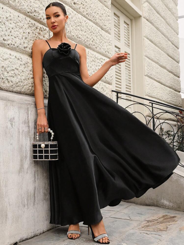 Elegant Bridesmaid Dress With 3d Flower Decorated Spaghetti Straps Formal Ball Gown For Women