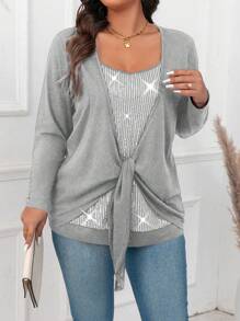 Celure Plus Size Women's Sequin Patchwork Waist Tie Long Sleeve T-Shirt - Grey - View 4
