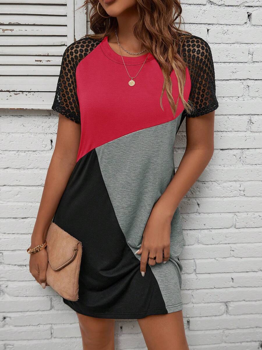 EMERY ROSE Váy cổ tròn lưới tương phản - Nhiều màu - Xem 1