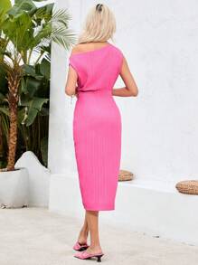 SHEIN VCAY 女式純色不對稱領帶裙 - 玫紅色 - 查看 2