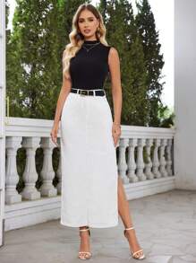 SHEIN Frenchy 女士高雅白色牛仔裙，側邊開衩設計 - 白色 - 查看 1