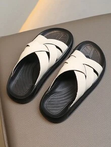 1雙男孩pu編織交叉設計平底拖鞋,夏季時尚穿搭 - 米色 - 查看 3