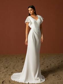 Simple V-Neck Elegant Layered Ruffle Sleeves French Style Light Wedding Dress - White - View 4