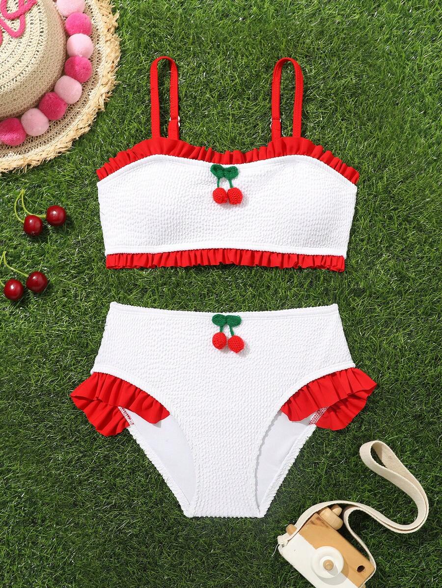 SHEIN Set de bikini în două bucăți, decorat cu cireșe, cu decor 3d în cireșe, pentru plajă de vară - Roșu și alb - Vizualizare 1