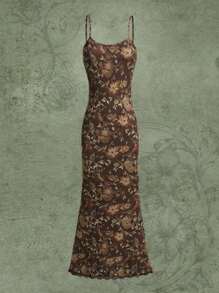 ROMWE Fairycore Đầm Tương phản ren Hoa Tất cả trên in Boho - màu nâu - Xem 1