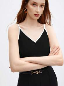 SHEIN BIZwear Women's Simple V-Neck Camisole Top - Black and White - View 5