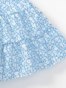 SHEIN 少女全印花方領上衣，配有荷葉邊袖口和裙子，2件套裝 - 淺藍色 - 查看 5