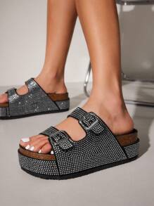 Sugerpunk Calzado de mujer con suela gruesa, decoración de rhinestones, sandalias para vacaciones de verano, rebajas de verano, estilo Y2K punk, cool, calzado deportivo para Navidad, Año Nuevo y otoño