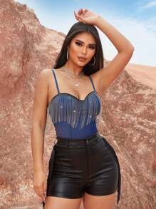 SHEIN SXY 節日風格流蘇鏈條露背連體衣,適用於休閒場合或音樂節 - 藍色 - 查看 5