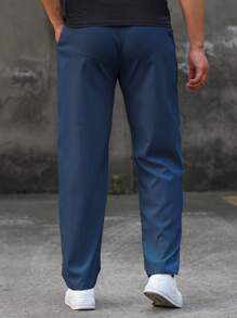 Manfinity Homme Pantalones rectos de corte holgado para hombre con parches con letras y cintura con cordón, para otoño - Azul Marino - Ver 2