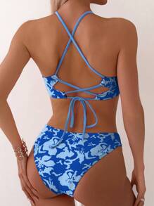 SHEIN Swim 隨機印花十字交叉綁帶分體比基尼套裝，適用於夏季沙灘 - 藍色 - 查看 2