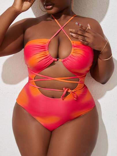 Slaydiva Plus Size Hollow Out Gradient Color One Piece Swimsuit, Beach Outfit Bathing Suit Music Festival Summer,Summer Beach