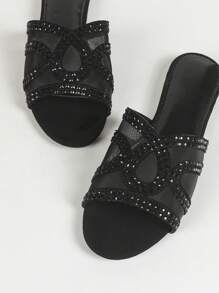 Women's Fashionable Flat Rhinestone Open Toe Strap Slides,Spring Summer Outfits - Black - View 3
