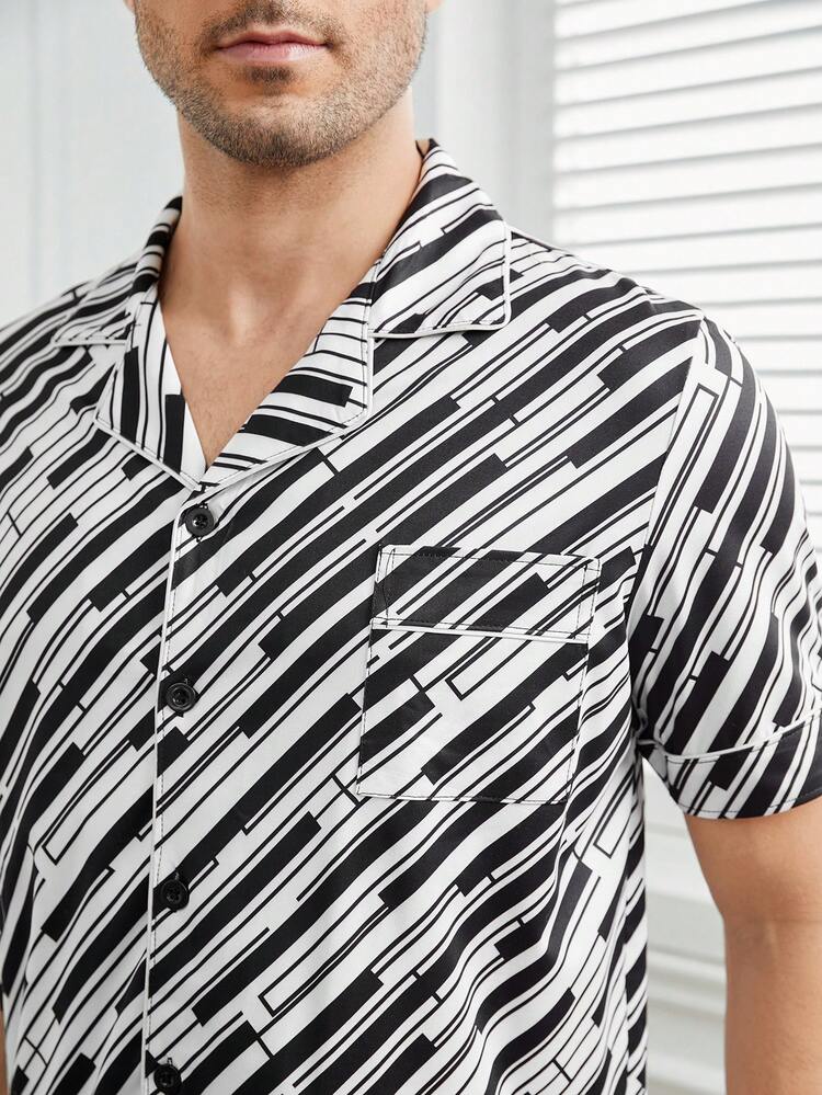 Men's Digital Print Front Button Closure Homewear Set With Pockets