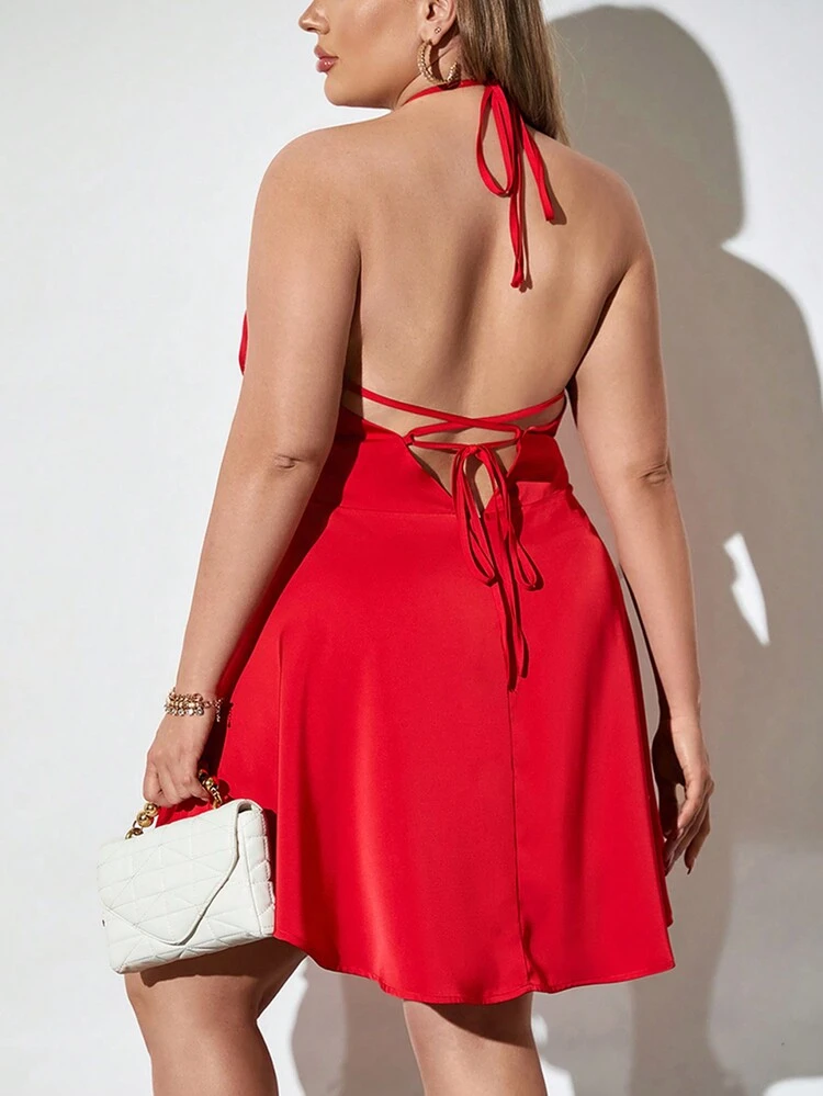 Plus Size Red Exquisite And Elegant Backless Strap Cinching Waist A-Line Halter Neck Dress, Perfect For Dating Or Music Festival