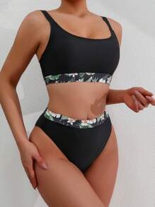 SHEIN Swim Women's Tropical Plant Print Separated Bikini Set Summer Beach - Multicolor - View 3
