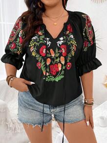 Breezaya Plus Size Floral Print Collar Neck Tie Front Shirt - Multicolor - View 4