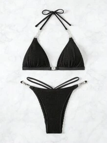 Women's Halter Neck Straps Textured Hollow Out Bikini Set Summer Beach