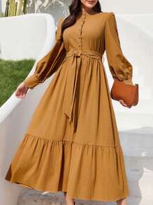 Mulvari 女式灯笼袖立领阿拉伯连衣裙 - 黃色 - 查看 1