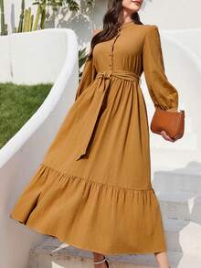 Mulvari 女式灯笼袖立领阿拉伯连衣裙 - 黃色 - 查看 3