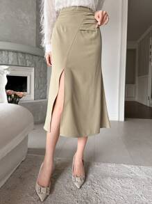 DAZY Women's Solid Color Asymmetrical Split Pleated Mermaid Skirt - Green - View 1