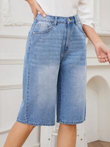 SHEIN LUNE Jeans Larges, Décontractés Et Courts À Jambes Larges De Couleur Bleu Clair Pour Femmes - Jean clair - Voir 5