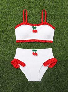 SHEIN Set de bikini în două bucăți, decorat cu cireșe, cu decor 3d în cireșe, pentru plajă de vară - Roșu și alb - Vizualizare 5