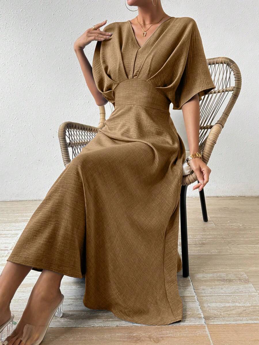 RosyDaze V-Neck Pleated Batwing Sleeve Dress Maxi Women Outfit - Apricot - View 1