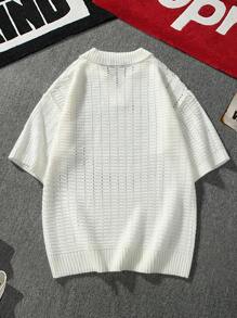 Claim Dot Men's Plain V-Neck Short Sleeve Knitted Crochet Top - White - View 2