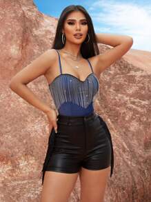 SHEIN SXY 節日風格流蘇鏈條露背連體衣,適用於休閒場合或音樂節 - 藍色 - 查看 7