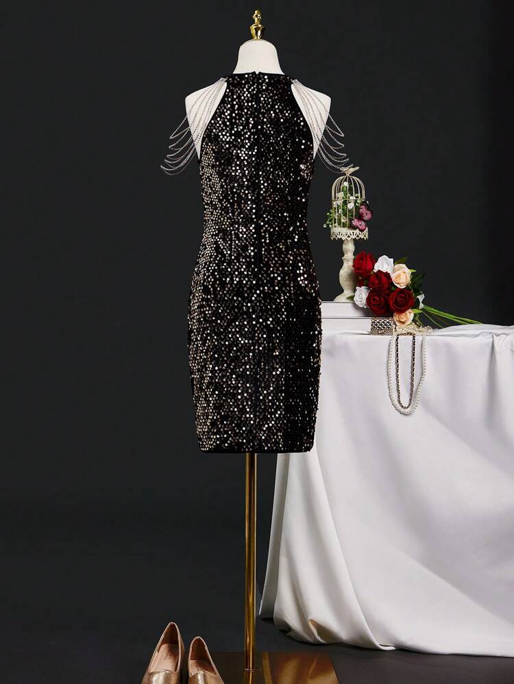 Teen Girl's Halter Neck Beaded Sequin Mini Dress, Suitable For Birthday Party, Music Festival, Evening Party, Wedding, Four Seasons