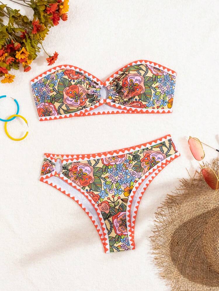 Summer Women's Tropical Plant Print Bandeau Bikini Set, 2pcs