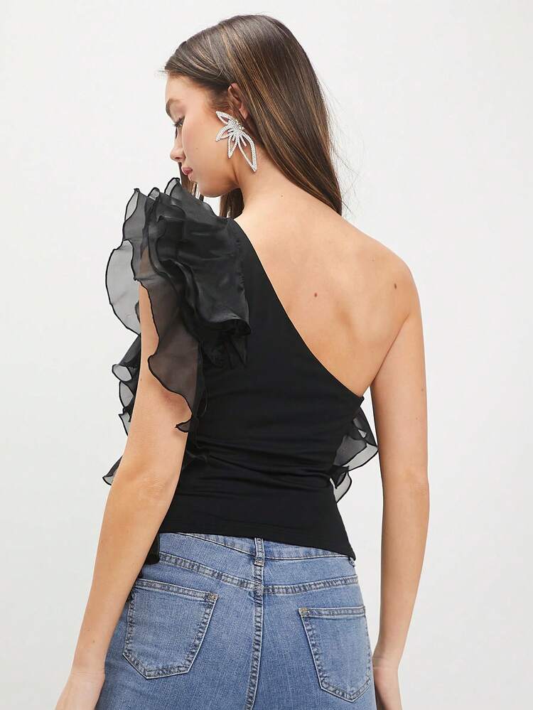 Ladies' Solid Color Asymmetric Ruffle Collar Black Summer Top