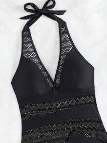 Swim Lushoire Summer Beach Hollow Out V-Neck Halter Tankini Set - Black - View 7