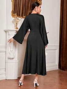 Al Najma Ladies' Solid Color Simple Design Pearl Decorated Arabic Style Dress - Black - View 2