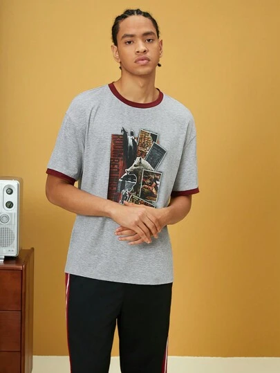 HARRY POTTER X SHEIN Camiseta De Manga Corta Para Hombres De Punto Suelto Casual Con Estampado Retro De Parche Y Bloque De Color