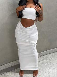 Slaydiva Casual Summer Ribbed Knit Tube Top And Ruched Ribbed Kint Pencil Bodycon Skirt Set - White - View 1
